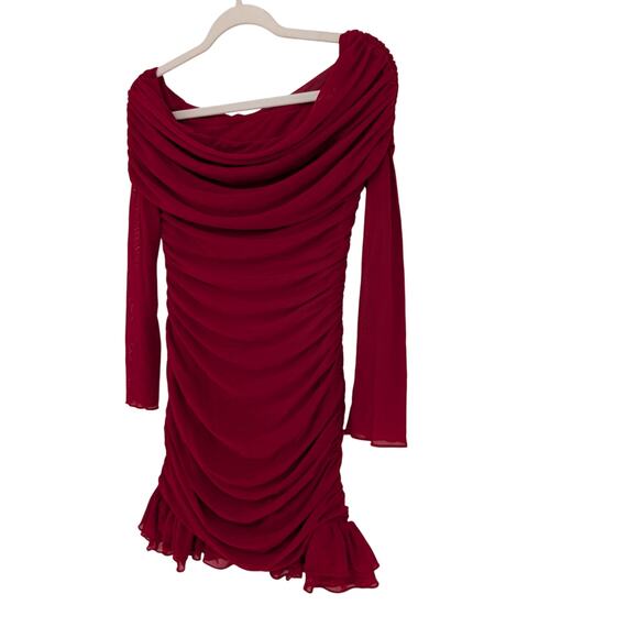 Womens Wine Red Off Shoulder Mesh Bodycon Ruffle Hem Ruched Sexy Mini Dress Med - Picture 8 of 10